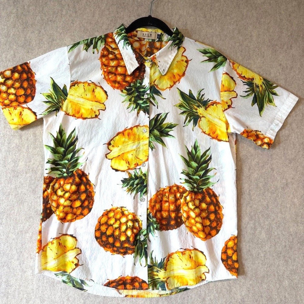 SSLR Women's XL Pineapple Hawaiian Shirt 100% Cotton Tropical Button Up Aloha‎